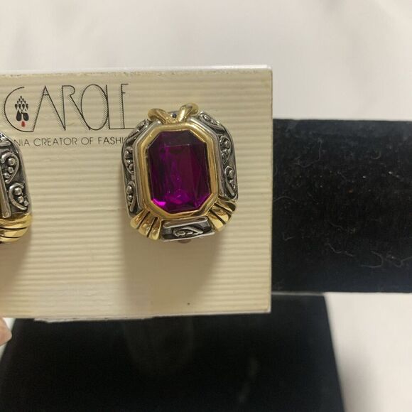 Vintage Carole Two Tones Clip Earrings Designer Jewelry Amethyst Stone - Picture 6 of 16